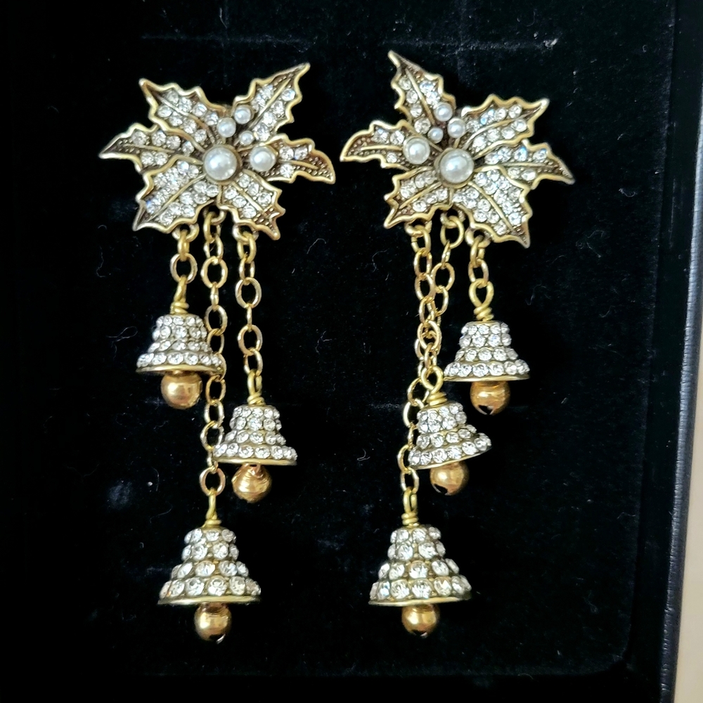 Heidi Daus Pearl and Clear Diamond Swarovski Crystal Jingle Bell Dangle Earrings